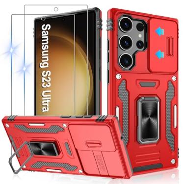 Imagem de Gritup Capa para Samsung Galaxy S23 Ultra com 2 protetores de tela HD e capa de câmera deslizante, proteção contra quedas de grau militar de 3,5 m, suporte de anel magnético, capa protetora para