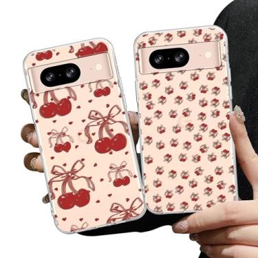 Imagem de Zrutru Pacote com 2 capas de telefone estéticas cereja para Google Pixel 8 5G 6,2 polegadas, desenho fofo kawaii, laço de fita, capas transparentes para meninas e mulheres, capa protetora de TPU de
