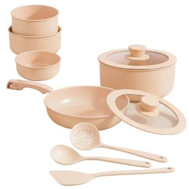 Imagem de Jogo de Panelas Antiaderente Cerâmica 11 Peças com Cabo Removível – Design Empilhável, Tampas de Vidro, Revestimento Premium, Compatível com Fogão a Gás, Elétrico e Indução (CREME)