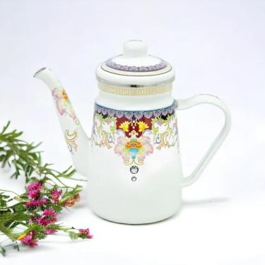 Imagem de Bule Esmaltado Vintage Indiano, Branco com Detalhes Florais, 1,2 Litros, Compatível com Indução, Porcelana Esmaltada, Estilo Decorativo