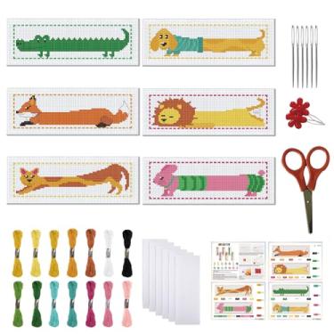 Imagem de FREEBLOSS Conjunto de 6 kits de marcadores de página de ponto cruz, kit de bordado de 11 CT com instruções para adultos, iniciantes, estampa criativa de animais, 20 x 6 cm