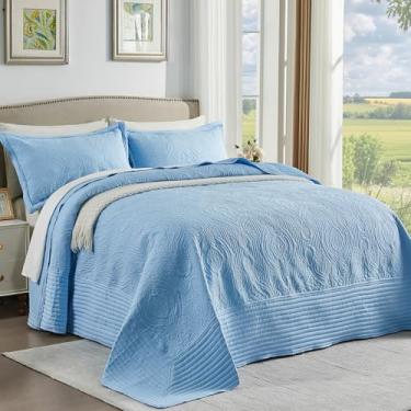 Imagem de ENJOHOS Colcha King extragrande 132 x 120, colcha extra larga do Alasca, azul, 3 peças, microfibra macia, leve, extra larga, conjunto de edredom de verão vintage Boho Damasco