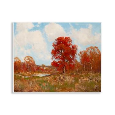 Imagem de Stupell Industries Paisagem de outono com arte de placa de parede de folhagem vermelha, design por Arlington Prints, 28 x 35 cm