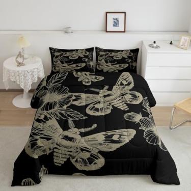 Imagem de jejeloiu Jogo de cama gótico, solteiro, boêmio, mariposa, para crianças, adolescentes, gótico, Halloween, respirável, preto, floral, com 1 edredom, 1 fronha, decoração de quarto