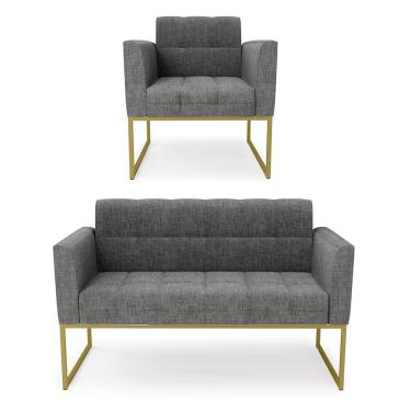 Imagem de Kit 1 Sofá Namoradeira e 1 Poltrona Elisa Linho Grafite A26 Base Metálica Industrial Dourado D03 - D'Rossi