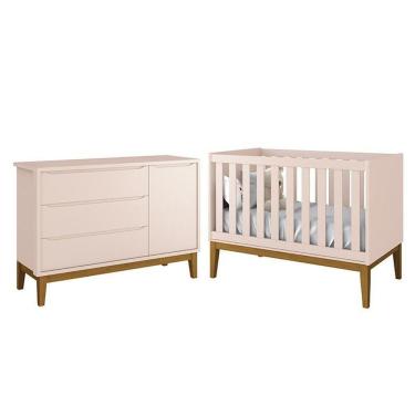 Imagem de Jogo De Quarto Infantil Cômoda 1 Porta E Berço Classic Rosa Fosco Com Pés Amadeirado - Reller Móveis Rosa Fosco