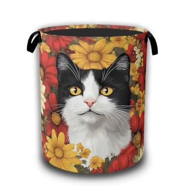 Imagem de Cesto de roupa suja para gatos preto e branco, margaridas vermelhas e brancas, cesto de roupa dobrável, pano Oxford à prova d'água com alças, organizador de brinquedos para banheiro/berçário/quarto