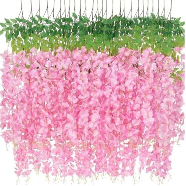Imagem de Pacote com 50 flores artificiais para pendurar glicínias – guirlanda de plantas artificiais de videiras de glicínia sintética para festa de casamento, varanda, quintal, varanda, jardim, pátio
