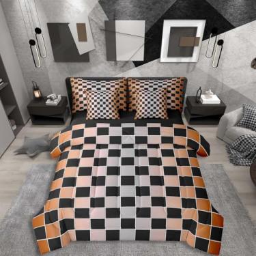 Imagem de Erosebridal Conjunto de edredom Queen geométrico xadrez com 7 peças, laranja, cinza, ombré, em uma bolsa, dégradé para crianças e adultos, conjunto de cama com grade de guingão