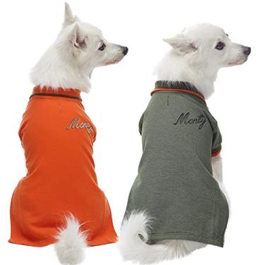 Imagem de Blueberry Pet Pacote de 2 camisetas polo personalizadas personalizadas de volta para cães com nome bordado, laranja e verde oliva, comprimento das costas 35,5 cm, roupas personalizadas para cães