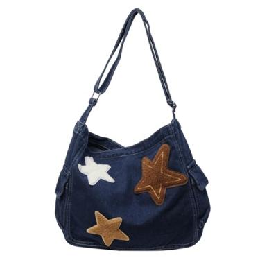 Imagem de Bolsa mensageiro jeans vintage Star, bolsa tiracolo estética Y2K para mulheres e homens, bolsa Hobo retrô casual para viagens, férias e trabalho, Azul marinho, 14.5 X 3.5 X 12.9 inch
