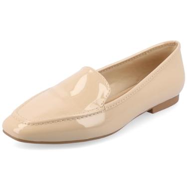 Imagem de Mocassim feminino de camurça Journee bico quadrado com salto acolchoado na parte superior da Tullie – Sapato social casual Tullie, Patente/caramelo, 6 Wide