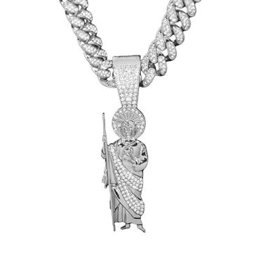 Imagem de GuoShuang Corrente feminina com pingente de santo gelado, corrente cubana de 45,7 cm, colar hip hop Miami para mulheres