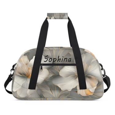 Imagem de Bolsa esportiva personalizada Fiower quadrifólio retrô branca com nome, bolsa noturna personalizada, bolsa de festa do pijama, bolsa de treino para dança, balé, academia, ginástica, mala de viagem