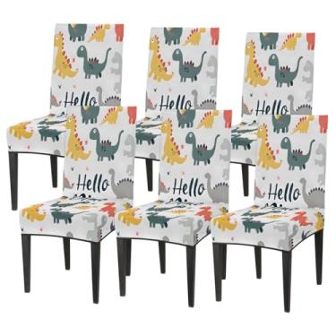 Imagem de hongjinglin Conjunto de 6 capas elásticas para cadeira de sala de jantar, capa protetora de assento de cadeira, palavra de dinossauro, fofa, removível, lavável, para cozinha, casa, hotel, banquete