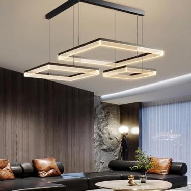 Imagem de Lustre moderno grande retangular com pendente de 2 camadas, controle remoto e iluminação dimerizável, em alumínio, para sala de estar, com altura ajustável, ideal para decoração de restauran