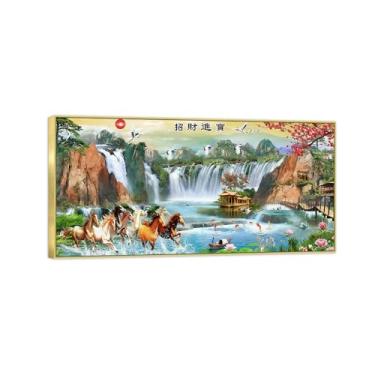Imagem de Chinoiserie Arte de parede paisagem imagem em tela - flores cachoeira oito cavalos - pintura chinesa - impressões de moldura dourada para decoração de casa 20 x 40 cm 8 x 16 pol