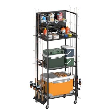 Imagem de GloCryp Suporte de vara de pesca de até 12 varas, carrinho de pesca com rodinhas para caixa de equipamentos e acessórios de pesca, suportes de vara de pesca de 3 prateleiras para garagem, presentes de