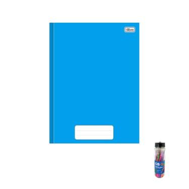 Imagem de Kit Caderno Brochura Capa Dura Pepper Azul 80 Folhas + Caneta Esferográfica 0.7mm Sortidas