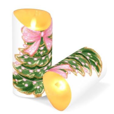 Imagem de Blueangle Pacote com 2 velas de árvore de Natal rosa sem chama com controle remoto e temporizador, velas LED cintilantes (7,6 cm x 15 cm) para decoração de casa, casamento, acampamento (849)
