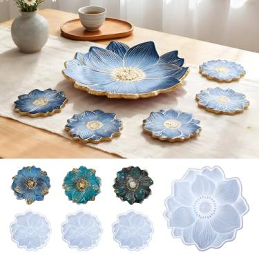 Imagem de XXKJSZJQ Conjunto de moldes de bandeja de resina de flores grandes, moldes de silicone branco, 35 cm com 4 moldes de porta-copos para fundição de geodo de cristal DIY, decoração de casa para mesa de