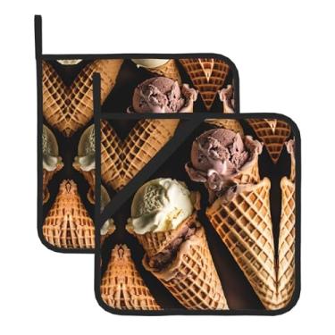 Imagem de Conjunto de tapete de panela quadrado resistente ao calor com estampa de sorvete, 2 peças antiderrapantes com alças para pendurar, para proteção de balcão de cozinha e mesa de jantar.