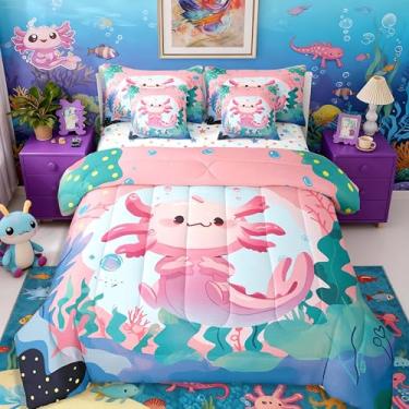 Imagem de Erosebridal Jogo de cama solteiro Axolotl fofo rosa Axolote Kawaii, oceano, réptil, vida marinha kawaii, para crianças, meninas, mulheres, lençol com elástico, lençol de cima