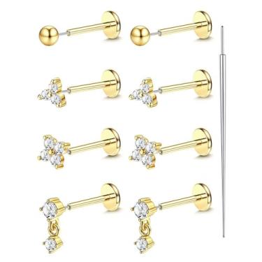 Imagem de Niaspi Brincos de aço inoxidável 20G com costas planas, 4 pares, flor de zircônia cúbica, brincos de cartilagem, anéis labiais, hélice, tragus, piercing de concha, joias femininas, 20g, Aço inoxidável