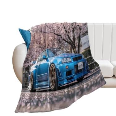 Imagem de HouLaiZhe Cobertor super macio de flanela azul JDM carro R35 flores de cerejeira cobertores refrescantes leves para sofá-cama cadeira sofá carro viagem ao ar livre leve quente 101,6 cm x 152,4 cm