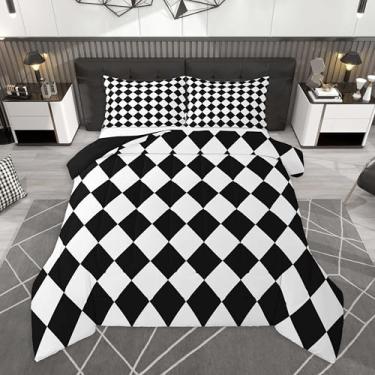 Imagem de Feelyou Conjunto de cama xadrez de diamante, macio, para meninos e meninas, tamanho solteiro, clássico, xadrez, preto e branco, edredom de microfibra, 2 peças com 1 fronha