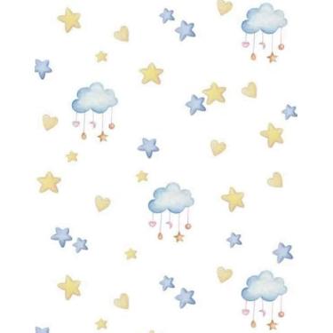 Imagem de Tecido Tricoline Digital com Estampa de Nuvens, Estrelas e Corações em Aquarela, Tons Pastel Azul e Amarelo