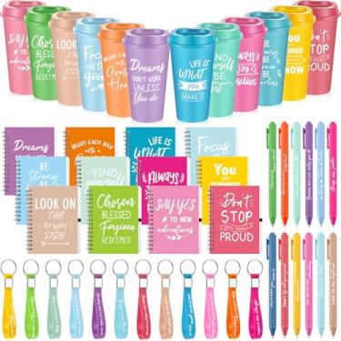 Imagem de Skylety 12 conjuntos/48 peças presente inspirador de Natal para funcionários 473 ml copos de plástico mini cadernos espirais canetas esferográficas chaveiros presentes motivacionais em massa para