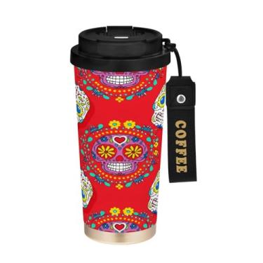 Imagem de STAYTOP Caneca de café colorida com isolamento de caveira de açúcar de 482 g, copo de café reutilizável de aço inoxidável com tampa flip à prova de vazamento à prova de vazamento para escritório