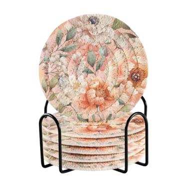 Imagem de Qilmy Conjunto de 6 peças para copos de peônias bonitas ou porta-copos de bar para bebidas, porta-copos de fazenda ou porta-copos de mesa rústicos, porta-copos modernos de algodão para o Natal434