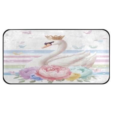 Imagem de Burbuja Cisne fofo com coroa tapete de cozinha 51 x 99 cm, tapete lavável antiderrapante com suporte de borracha, tapete para cozinha, sala de estar, banheiro, decoração de casa
