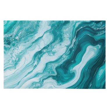 Imagem de CEBUGI Tapete de área 60 x 90 cm macio lavável tapete antiderrapante com revestimento de borracha azul-petróleo branco mármore padrão tapetes para sala de estar, quarto, decoração de casa