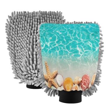 Imagem de STAYTOP Luvas de lavagem de carro lindas conchas de praia, 2 peças, luvas de microfibra de chenille, sem arranhões, panos de esponja de lavagem ultra absorventes para carros, limpeza doméstica - M