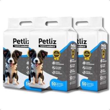 Imagem de Kit 3 Pacotes Tapete Higiênico 60cm x 50cm com 50 Unidades para Cachorro Sanitário Super Absorvente Antivazamento Alta Absorção Descartável Premium Atrativo Petliz