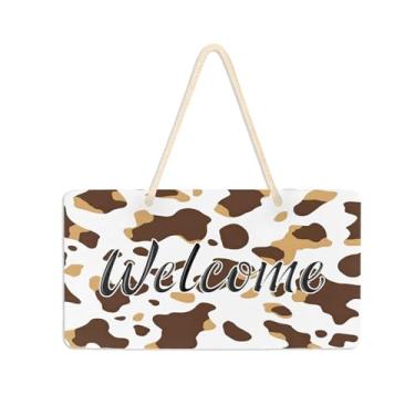 Imagem de Burbuja Placa de boas-vindas com estampa de vaca branca marrom para porta da frente, placa de boas-vindas de PVC para decoração de férias, 15 x 28 cm