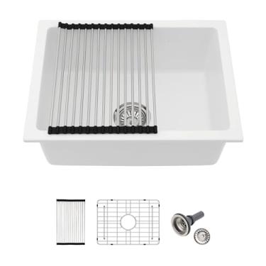 Imagem de Lofeyo Pia de cozinha composta de granito 22 - 55,88 cm x 43,2 cm Pia de barra úmida branca de granito composto de quartzo clássico sob a borda do balcão bacia de pia única, LOF-GC22179