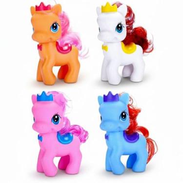Imagem de Kit 4 Pequenas Pônei Vinil Unicórnio com Crina e Rabinho Branca Rosa A