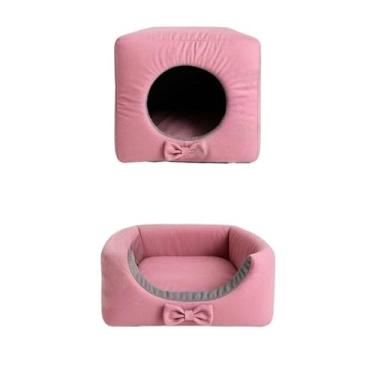 Imagem de Toca Cama Pet 2 em 1 – Casinha e Caminha com Fundo Impermeável, Colchão Removível e Fibra 100% Macia | Para Cães e Gatos(Rosa bebê,M)