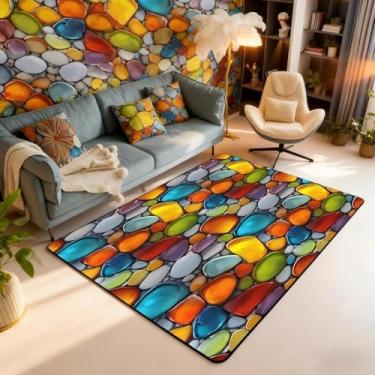 Imagem de Tapete de área de paralelepípedos 12 x 18 cm Tapete de sala de estar de seixo arco-íris | Tapetes de pedra de cascalho de jardim para quarto, tapete de paralelepípedo em aquarela para ambientes