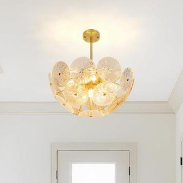 Imagem de Lustre de cristal com flor dourada, luminária de teto pendente moderna, estilo vintage, semi-embutida, para sala de estar, sala de jantar, quarto, hall de entrada, vestíbulo, estilo nórdico