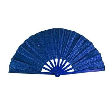 Imagem de Leque Grande Brilho Glitter Colorido Para Festa Dança Carnaval Decoração Luxo Oriental 34x60cm(Leque Glitter Azul Escuro,kit c/ 5)