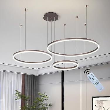 Imagem de Luminária de teto LED moderna com 3 anéis, pendente de 75W e 6000LM, instalação distribuída, dimerizável com controle remoto, lustre LED redondo de metal para sala de estar, quartos e escrit