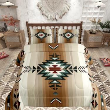 Imagem de Feelyou Conjunto de cama queen com estampa geométrica Southwest Native de 7 peças, inclui edredom, conjunto de lençóis, fronhas e fronhas para decoração de quarto, cama ocidental em uma bolsa, bege