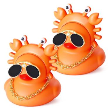 Imagem de BOZILY 2 peças engraçadas decorações de carro de patos de borracha com chapéu de caranguejo, colar e óculos de sol - DIY mini ornamentos de pato no painel, acessórios legais de patinho de borracha