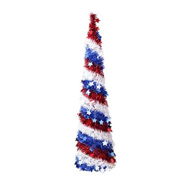 Imagem de Árvore Artificial de Tinsel 5FT com Enfeites Estrela Paillettes e Guirlanda para Decorações Festa Patriótica do 4º Julho