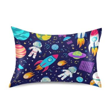 Imagem de Fronhas de cetim estampadas padrão Queen King Size almofadas refrescantes para cama de casa sofá tamanho padrão 66 cm x 50 cm desenho fofo planetas espaciais escuros